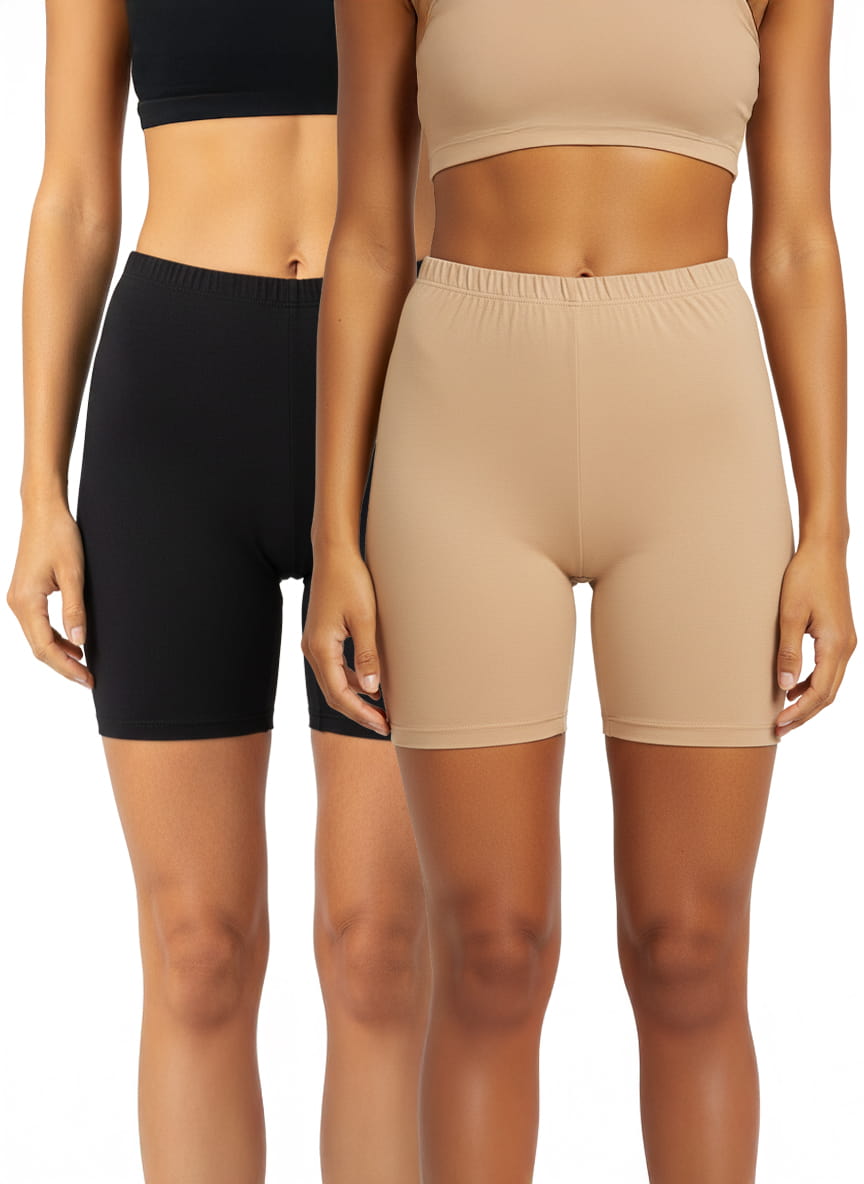 Cycling Shorts for woman in Cotton Stretchable pack of 2 ( Skin And Black )